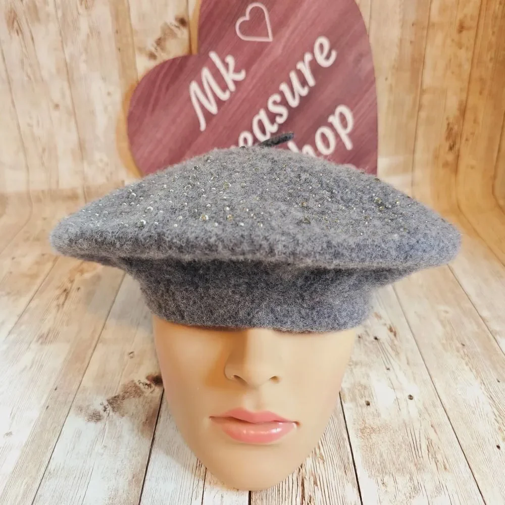 Women's rhinestone gray wool beret hat